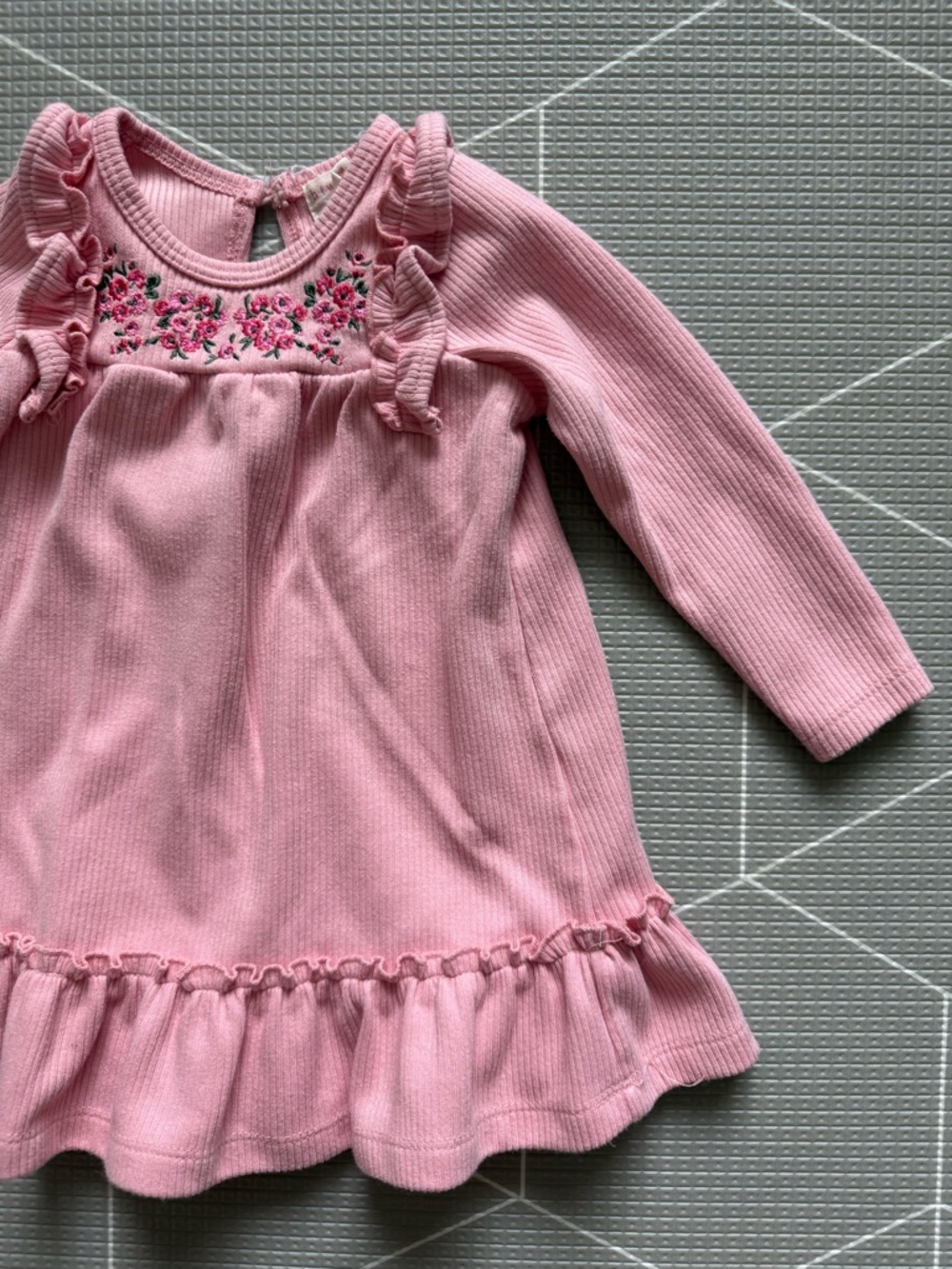 Between|Baby girl long sleeve ribbed  Pink Ruffle dress,floral embroidery•••12M